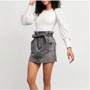 Free People Black Washed Paper Bag Belted Raw Hem Denim Mini Skirt Size 26